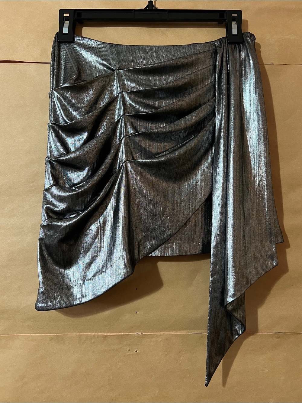 Retrofete | Luna Skirt in Gunmetal Metallic Mini Skirt Gathered Drape Size XS